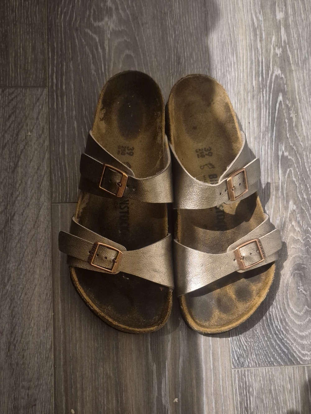 birkenstoch Metallic Bronze Double-Buckle Slide Sandals 39 Eu